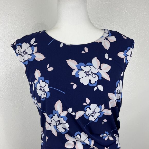 Eliza J Dress Women 10 Blue White Floral Allover Print Cap Sleeve Sheath Stretc - Picture 7 of 14